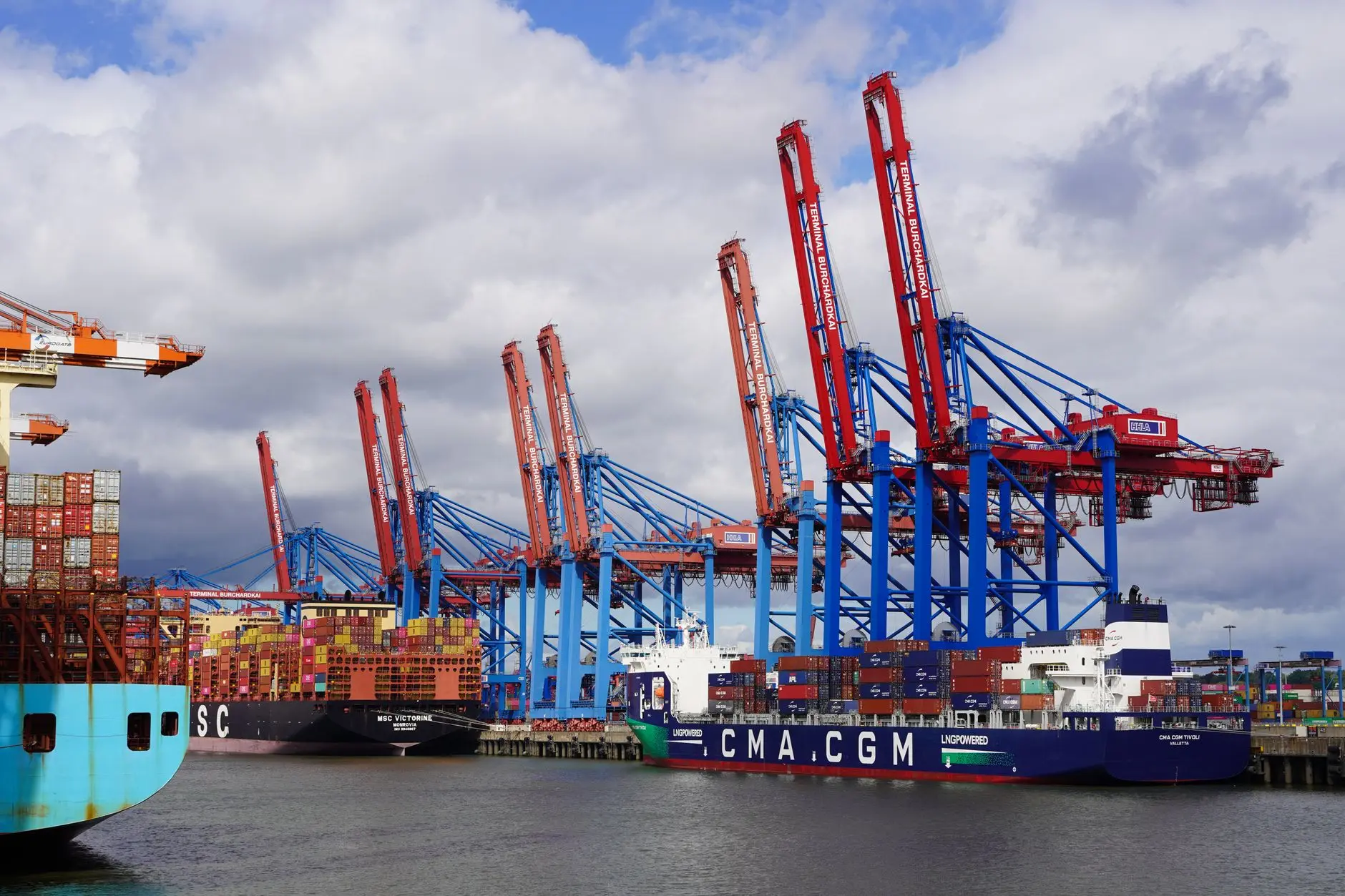 Commercial shipping port terminal with cranes loading container vessels along an industrial coastline