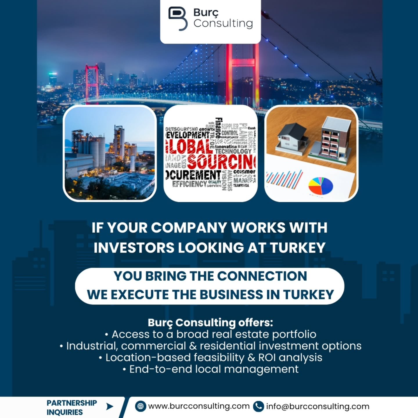We don’t look for contacts. We build partnerships.
Burç Consulting is expanding its international partner company network.
We work with established firms that have strong connections with business owners and investors in their local markets, and want a reliable execution partner in Turkey.
Our team operates directly in Turkey, delivering investment feasibility, market entry, real estate and on-the-ground coordination for cross-border projects.
If your company connects opportunities and values long-term collaboration,
let’s explore partnership possibilities.
📩 Partnership inquiries: info@burcconsulting.com
#GlobalPartnerships
#BusinessDevelopment
#MarketEntry
#InvestmentConsulting
#TurkeyBased We don’t look for contacts. We build partnerships.
Burç Consulting is expanding its international partner company network.
We work with established firms that have strong connections with business owners and investors in their local markets, and want a reliable execution partner in Turkey.
Our team operates directly in Turkey, delivering investment feasibility, market entry, real estate and on-the-ground coordination for cross-border projects.
If your company connects opportunities and values long-term collaboration,
let’s explore partnership possibilities.
📩 Partnership inquiries: info@burcconsulting.com
#GlobalPartnerships
#BusinessDevelopment
#MarketEntry
#InvestmentConsulting
#TurkeyBased