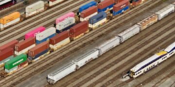 Freight train moving containers through a commercial transit terminal in Turkey logistics hub.
